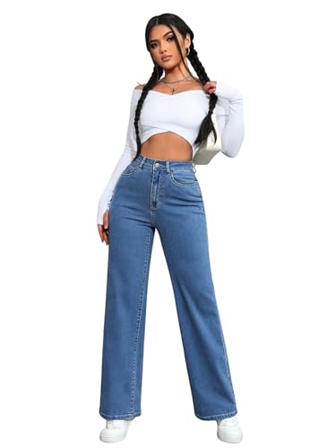 Glossia Fashion Blue High Waist Straight Fit Jeans for Women Stretchable Wide Leg Denim Jeans (WJ1-S4-$)