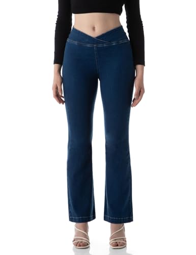 INKD Women’s Flared Pull-on Jeans – Mid-Rise| Enzyme Wash | Slant Waistband | Jeans for Women