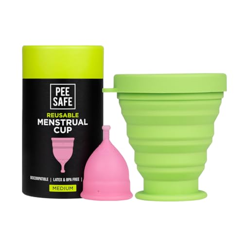 PEESAFE Menstrual Cup For Women Medium Size With Pouch And Menstrual Cup Sterilizing Container Combo Medical Grade Silicone Microwaveable, Travel Friendly Sterilizer Container, Pink, Count 2