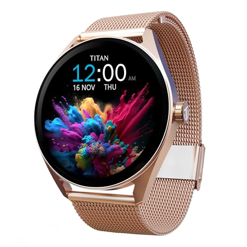 Titan Crest 1.43” AMOLED Smart Watch with BT Calling, AI Morning Briefs, Functional Crown, Health Tracking, Aluminium Body, 100+ Sports Modes, Smartwatch for Men and Women – Rose Gold Mesh Strap