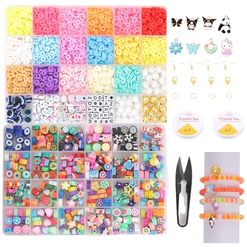 Ambitieux Beads Children Jewelry Making Craft Bracelet Kits set for Kids – DIY 2 24 Compartment Box, 6000+ Colorful Polymer Clay Beads, Ear Hangings, Lobster Locks & Rings , 8 Pcs of Charms With Accessories – Birthday Gift for Girls 4 5 6 7 Years