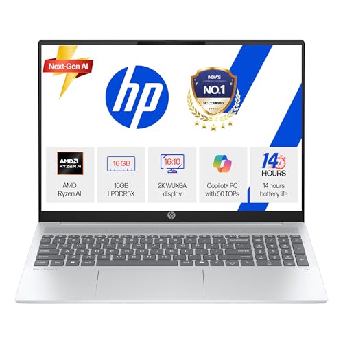 HP OmniBook 5 (Previously Pavilion) 50 Tops, AMD Ryzen AI 5 340 (16GB LPDDR5X, 512GB SSD) WUXGA, 2K, IPS, 300nits, 16”/40.6cm, Win11, Office24, Silver, 1.79kg, ag1037au, Next Gen AI Copilot+ Laptop